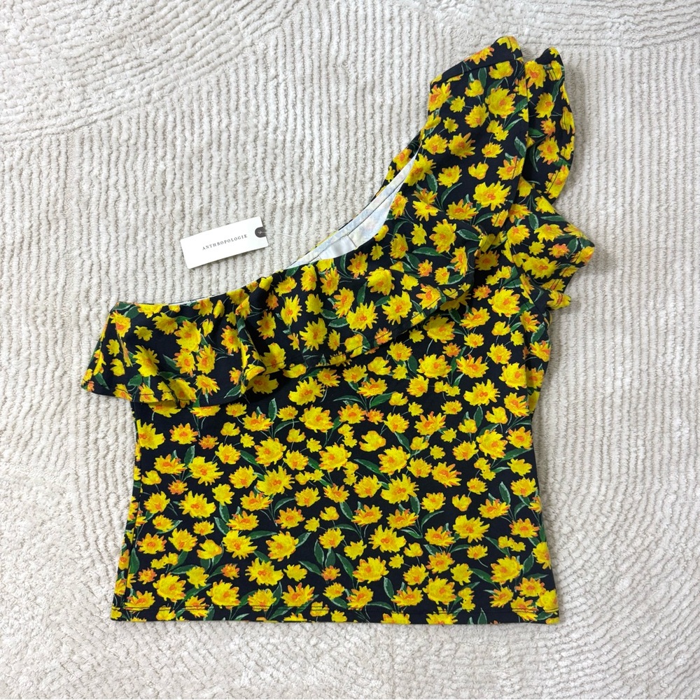 NWT Anthropologie Maeve One Shoulder Ruffled Top Yellow Floral Size Medium - Picture 6 of 10